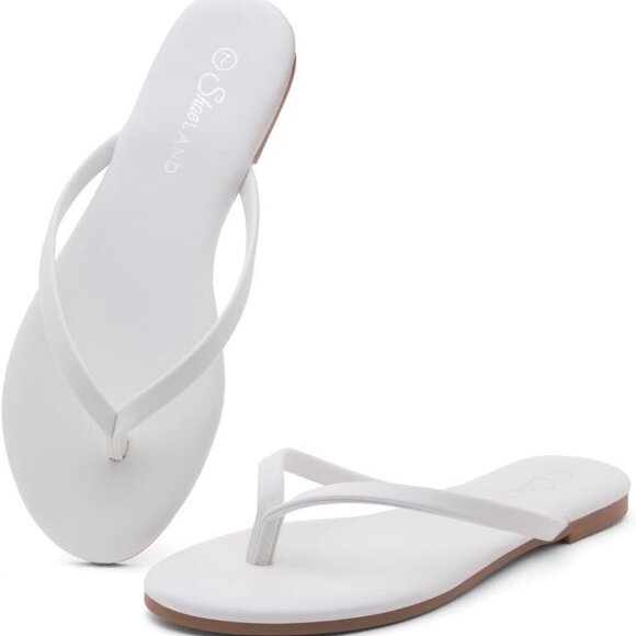 Women's Memory Foam Flip Flops Vegan Leather Summer Slides Beach Casual - Picture 3 of 8